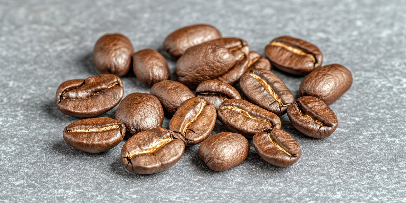 Brown coffee beans arranged on a gray surface highlighting their rich color and texture under natural light